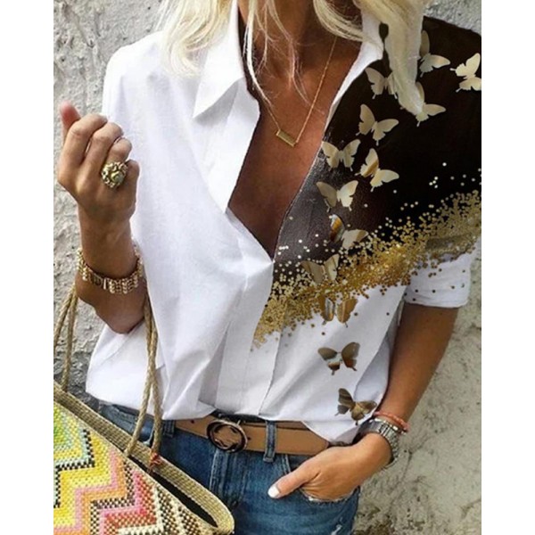 Casual Butterfly Print V-neck Blouse Women 