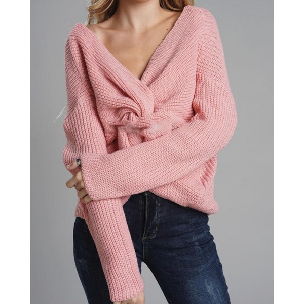 Autumn And Winter Round Neck Pullover Backless Cross Sweater Woman 