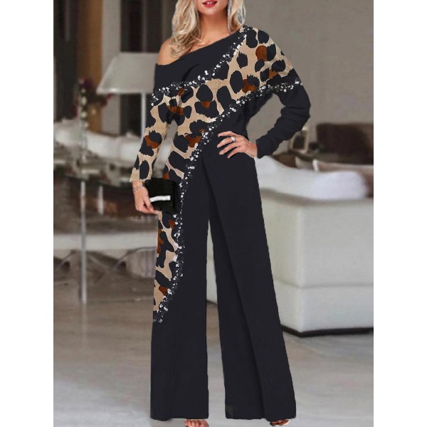 Fashion Leopard Print Off-shoulder Long Sleeve Jumpsuit Women 