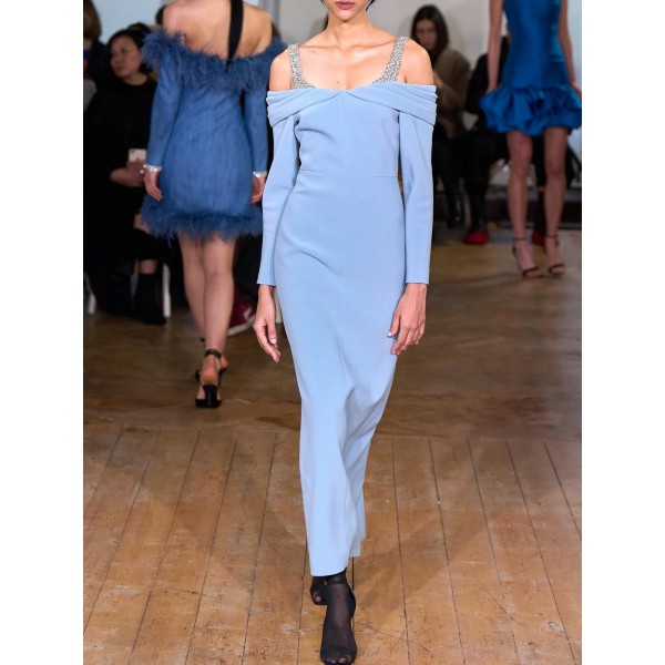 Blue or Off-shoulder Long Sleeve Maxi Dress 