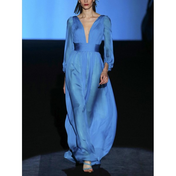 Blue V-neck Faux Silk Puff Sleeve Long Dress 