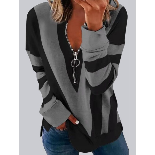 Casual Daily or Matching Zipper V-Neck Long-Sleeved Pullovers Patchwork T-Shirt 