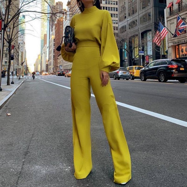 Fashion Bishop Sleeve Pure our Half lar Jumpsuits 