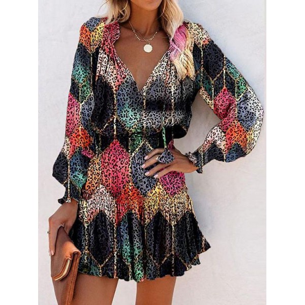 orful Print V-Neck Long-Sleeve Pleated Dress 