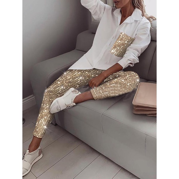 Casual Long Sleeve Elastic Sequin Suit 