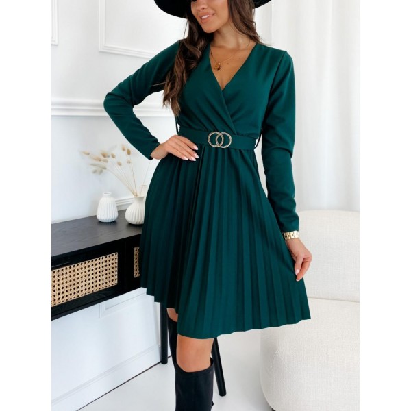 Elegant Long-sleeved V-neck Pleated Solid or Dress 