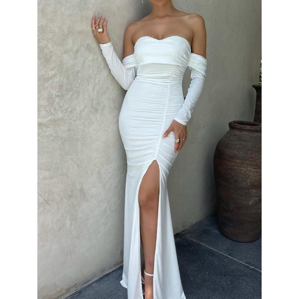 White or Slit Hem Off-shoulder Long Sleeve Maxi Dress Elegant 