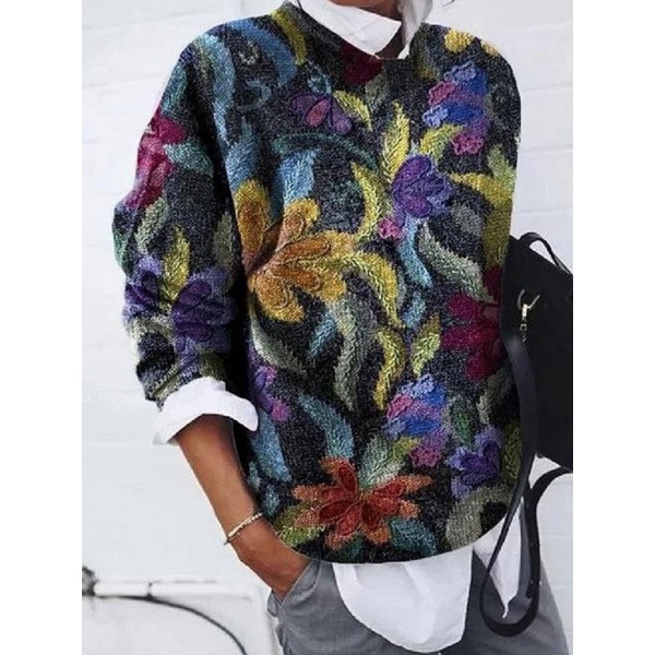 Casual Crew Neck Long Sleeve Loose Leaf Print Sweater Leisure Pullovers 