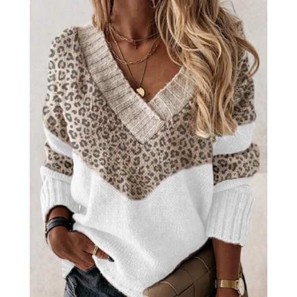 Autumn/winter V-neck or-blocking Leopard-print Knit Pullo 