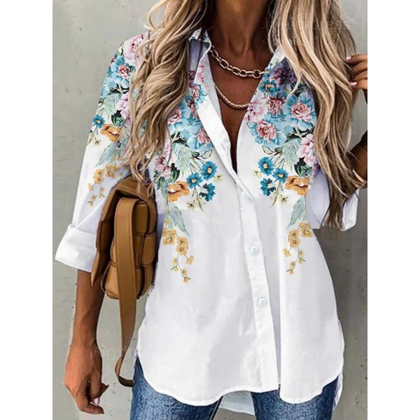 Casual Floral Print Lapel Buttons Long Sleeves Shirt 